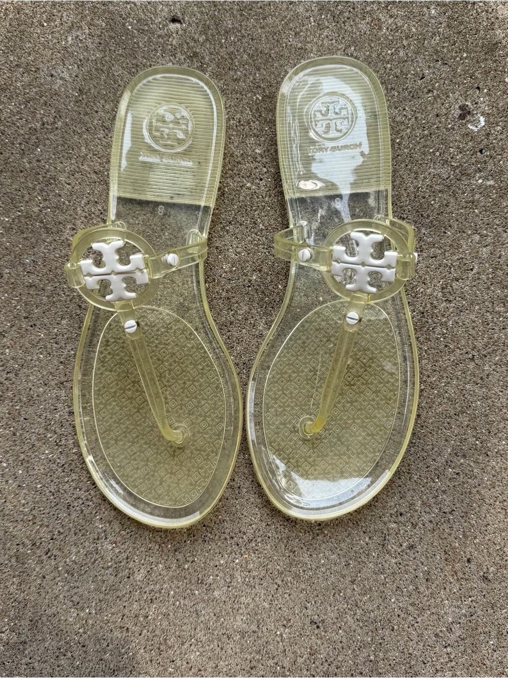 Tory Burch Pale Yellow Clear Logo Jelly Thong Sandals